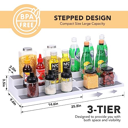 CiWiVOKi 3 Tier Expandable Spice Rack Organizer, White/Grey Plastic Spice Rack, Adjustable Length 14.6In-25.8In, 2 Pack Non-Skid Tiered Spice Shelf Organizer for Kitchen Cabinet, Cupboard, Pantry