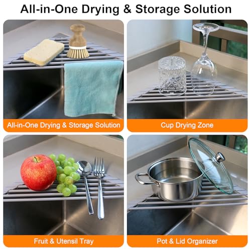 Triangle Roll Up Dish Drying Rack for Sink Corner, Silicone Wrapped Sponge Holder for Kitchen Sink Caddy Organizer Multipurpose Corner Shelf Drainer Mat for RV Kitchen Sink Accessories Counter Storage