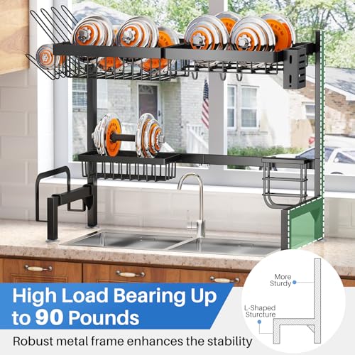 SNTD Over The Sink Large Dish Drying Rack, Metal, 26.8"-34.6", Black