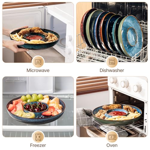 ArtifexCeram Ceramic Chips and Dip Serving Tray - Large Divided Party Bowl Set for Salsa, Veggies, Fruit & Snacks - Modern Minimalist Appetizer Platter with Unique Kiln-Change Glaze (Red Speckled)