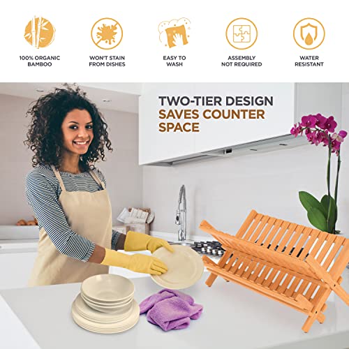 Collapsible Dish Drying Rack 2-Tier Bamboo Dish Drainer for Kitchen Counter