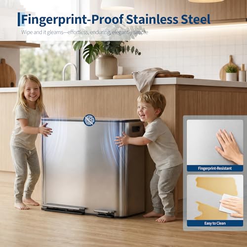 Dual Kitchen Trash Can 13.2 + 5.2 gal (50+20L) Stainless Steel Trash Cans with Soft Close Lid Large Double Garbage and Recycling Bin with 2 Removable Inner Buckets Step-on Metal Garbage Cans Silver