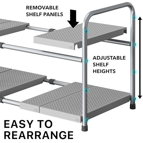 Simple Houseware Under Sink 2-Tier Heavy Duty Expandable Rack Organizer, Adjustable Width 15.75–25 Inches with 4 Shelf Height Levels, Silver