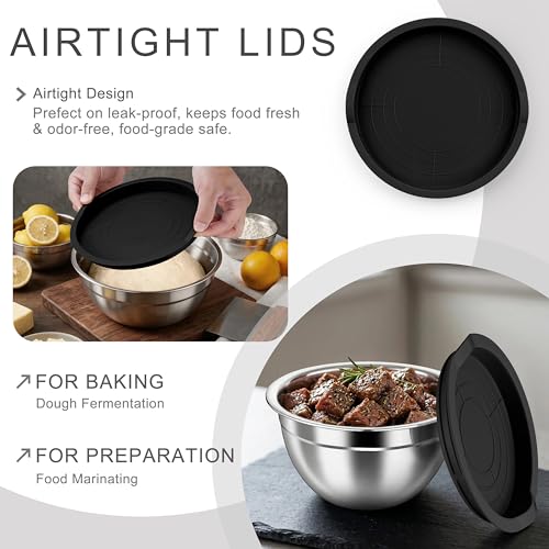 HaWare Mixing Bowls with Airtight Lids, 6-Piece Stainless Steel Salad Bowls, Strong Nesting Bowls for Cooking, Prepping, Baking, Serving & Food Storage, Stackable Design, Size 4.6, 3, 1.5QT, Black