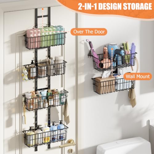Hongtamoya Over The Door Organizer, Adjustable Hanging Door Organizer with 6 Wire Baskets 5 Hooks, Metal Behind The Door Storage for Pantry Closet Bedroom Bathroom Cabinet Kitchen Laundry Room, Black