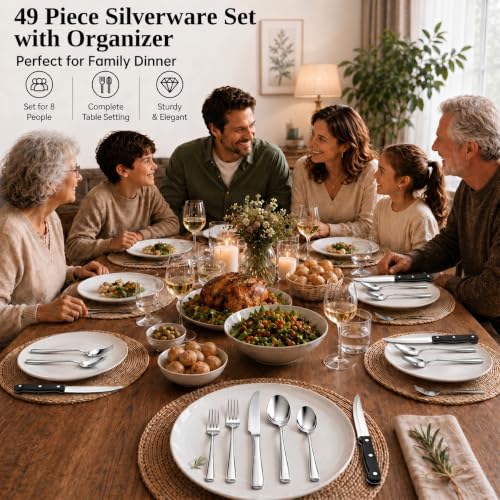 49-Piece Silverware Set with Organizer, Stainless Steel Flatware Utensils Set for 8, Forks and Spoons Silverware Set Cutlery Set with Steak Knives, Dishwasher Safe