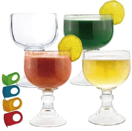 Chefcaptain Margarita Glass Schooner- 21.5 Oz Set of 4 Extra Large Goblet With Clips ZERO LEAD Crystal Style Shrimp Cocktail, Coronaritas, Margaritas Set Of 4 With 4 Color Clips