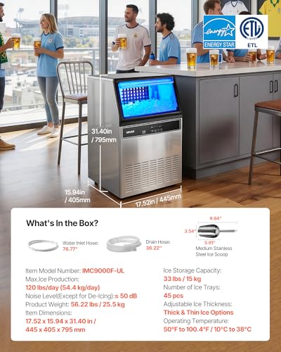 VEVOR Commercial Ice Maker Machine, 120 lbs/24H Ice Production, 33 lbs Storage Bin, 45 Cubes per Cycle, Stainless Steel Under Counter & Freestanding Ice Maker with LED Display, for Home Bar Restaurant