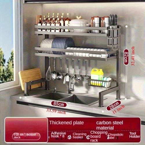 LeVcoecam 3-Tier Over Sink Dish Draining Rack Adjustable Width and Height with Phone Holder Cup Holder, Knife and Chopstick Holder, Cutting Board Rack, Space-Saving Rack