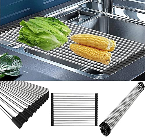 SHUYUE Roll up Dish Drying Rack Over The Sink Portable Stainless Still Rolling Rack Folding Mat for Kitchen Counter (Black, 17.7''LX11.8''W)