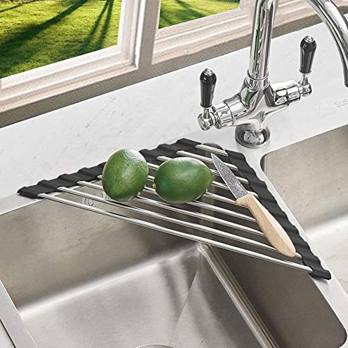 Fafcitvz Triangle Dish Drying Rack Multipurpose Roll-up Drying Rack for Sink Corner Stainless Steel Over The Sink Corner Dish Drainer Mat for Kitchen (Black)