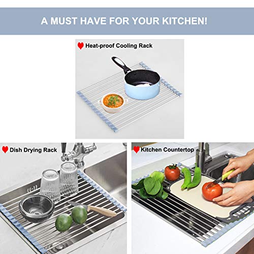 MECHEER Over The Sink Dish Drying Rack, Roll Up Dish Drying Rack Kitchen Dishes Rack Stainless Steel Sink Drying Racks, Foldable Dishes Drainer, Gray (17.5''x15.7'')