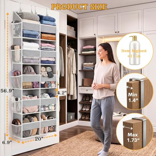 Over The Door Organizer, 5-Tier Extra Large Behind Door Storage with 10 Big Front & 10 Mesh Pockets, 80lb Capacity, Hanging Storage Organizer with Clear Window Kids Toys, Shoes, Diapers, Light Grey