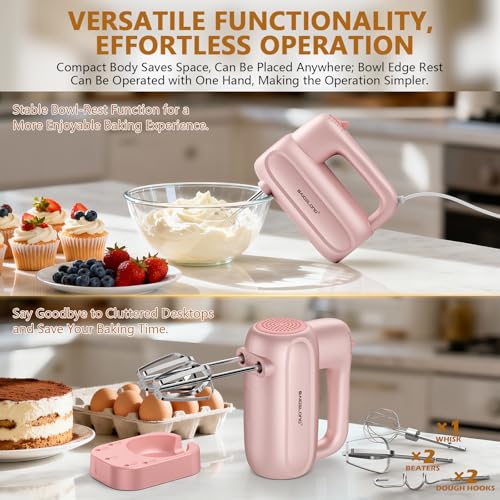 BAIGELONG Hand Electric Mixer, 5-Speed KitchenMixer with 5 * 304 Stainless Steel Attachments + Storage Base, Food Handheld Mixer for Baking, Whipping Cream, Cake Mixing, Pink