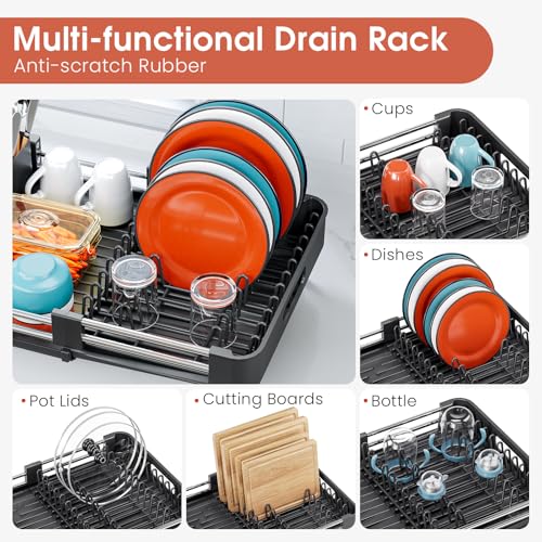 TOOLF Dish Drying Rack Expandable Drainer w/Cutlery & Cup Holder, Black