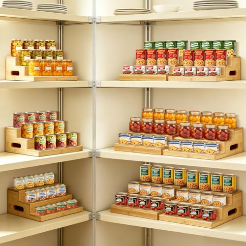 Aclema 2 Pack Bamboo Expandable Can Rack Organizer for Pantry, Stackable 3 Tier Canned Food Organizers and Storage, Kitchen Cabinet, Food Can Holders Dispensers for Pantry Up To 48 Cans