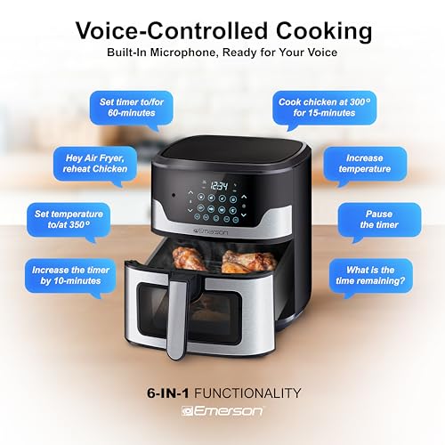 Emerson SmartVoice 5.3QT Air Fryer, 1000+ Voice Commands, 6-in-1 Digital Cooker, Compact Countertop Design, Oil-Free Healthy Cooking, Easy-Clean Nonstick Basket, 1500W