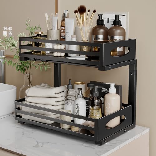 mixeshop Under Sink Organizer, 2 Tier Under Sink Organizers and Storage, Adjustable Height, Slide out Metal Cabinet Organizers, Pull out Cabinet Storage Drawer Shelf for Kitchen Bathroom (Black, 2)