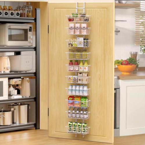 Hocookeper 10 Tier Over the Door Pantry Organizer, Over the Door Spice Rack with Adjustable Baskets, Metal Hanging Door Pantry Organizers and Storage for Kitchen Bathroom Bedroom, White