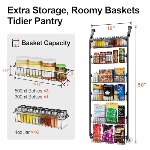 Delamu Over the Door Pantry Organizer, 6-Tier Metal Pantry Door Organization and Storage, Hanging Kitchen Basket Spice Rack Seasoning Shelves, Cabinet Door Organizer for Easy Install,D5xW18xH50inch
