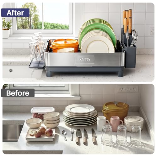 SNTD 304 Stainless Steel Dish Drying Rack for Small Kitchen Counter, Grey