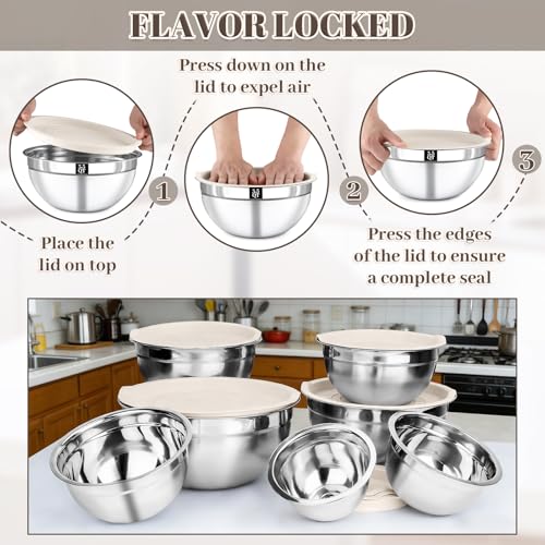 Boskermeal Mixing Bowls with Lids Set - 7PCS Nesting Mixing Bowls, Lids, Stainless Steel Mixing Bowls for Mixing, Baking & Meal Prep, Dishwasher Safe, Size 0.7/1.1/1.5/2.1/3.5/4/4.5 QT, Khaki