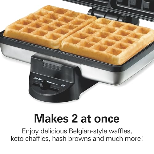Hamilton Beach Belgian Mini Waffle Maker with Shade Control, Makes 2 at Once, Create Personalized Keto Chaffles and Hash Browns, PFAS-Free Non-Stick Plates, Compact Design, Stainless Steel (26009)