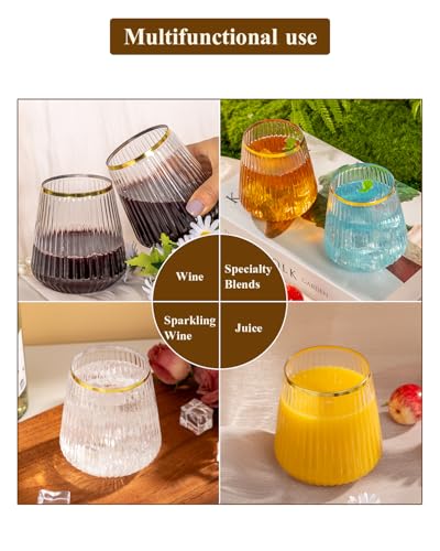 Goodluck 36 Pack 12oz Stemless Plastic Wine Glasses – Clear Ribbed Cups with Gold Rim, Fancy Reusable Disposable Drinkware for Weddings, Parties, Bars, Indoor and Outdoor Events