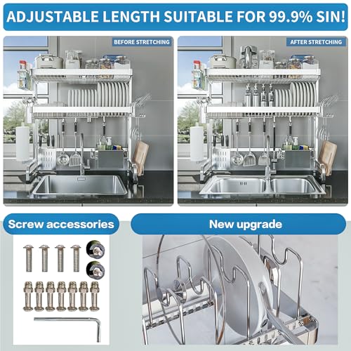 LIVOD Over The Sink Dish Drying Rack,3 Tier Adjustable Length Full Stainless Steel Large Storage Kitchen Dish Rack,for Kitchen Counter Expandable Multifunctional Organizers,Silver (25.98-37.6")