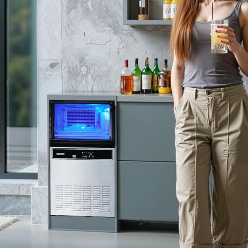 VEVOR Commercial Ice Maker Machine, 130Lbs/24H with 33Lbs Storage, 45 Cubes per Cycle, Stainless Steel Freestanding & Under Counter Ice Maker with LED Display & Self-Cleaning, for Home Bar Restaurant
