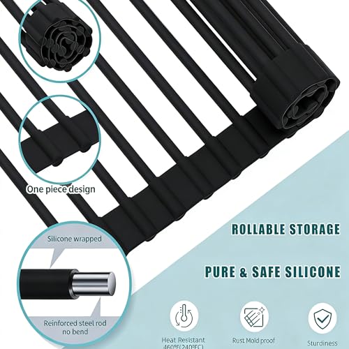 LMHOUS Roll up Dish Drying Rack Silicone Wrapped Stainless Steel 14.5" x 7", Black (M), Over the Sink, Heat Resistant, Foldable