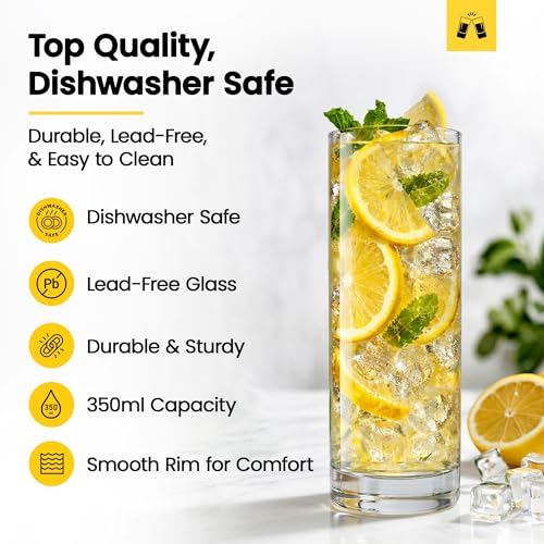 LEMONSODA Premium Highball Glass Set | Tom Collins Glasses 12oz Set of 6 | Lead-Free Glass with Heavy Base | Dishwasher Safe Cocktail Glasses for Mojito Whiskey Iced Tea | Modern Durable Bar Glassware