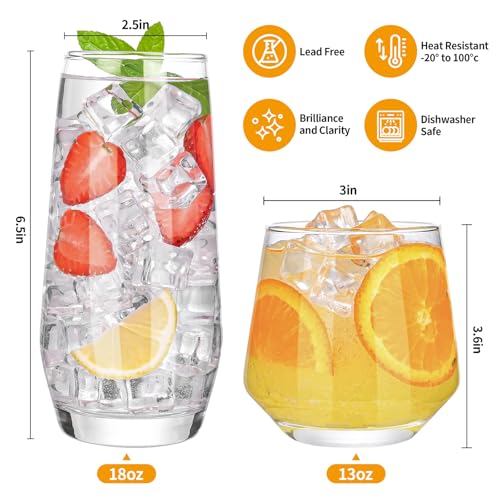 ZMOWIPDL Drinking Glasses Set of 8,Clear 13 oz & 18oz Crystal Glass Cups,Drinkware Glassware,Highball Water Tumbler,Short Stemless Wine Glasses，for Beer,Cocktail,Whiskey,Juice and Various Mixed Drinks