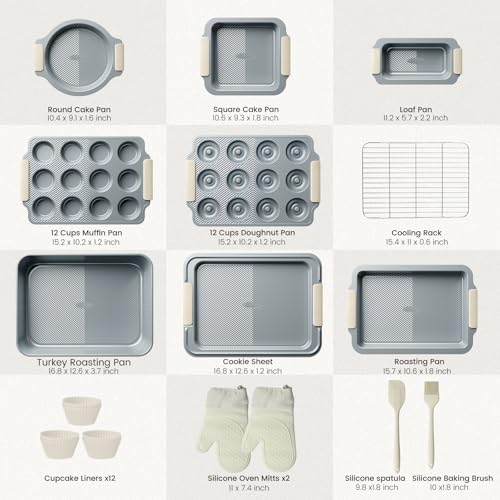 Kikcoin 25 PCS Stackable Baking Pans Set, Non-stick Bakeware Sets with Silicone Handles, 450°F Oven Safe Cookie Sheets for Baking, Easy Release Heavy-duty Baking Sheets Non Stick, Cream
