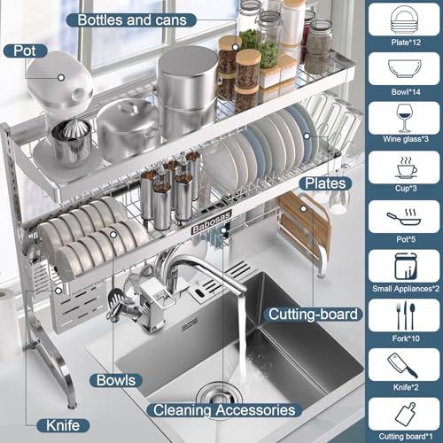 Babosas Over The Sink Dish Drying Rack,3 Tier Adjustable Length (25.5'' to 37.4'') Full Stainless Steel Large Storage Kitchen Dish Rack,For Kitchen Counter Expandable Multifunctional Organizers,Silver