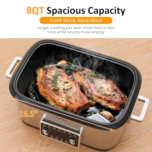 Sunvivi 8 Quart Slow Cooker Roaster Oven, 12 in 1 Programmable Multi-Cooker with Digital Timer, Temp Control, Keep Warm, Removable Non-stick Aluminum Pot & Dishwasher-Safe Glass Lid, Stainless Steel
