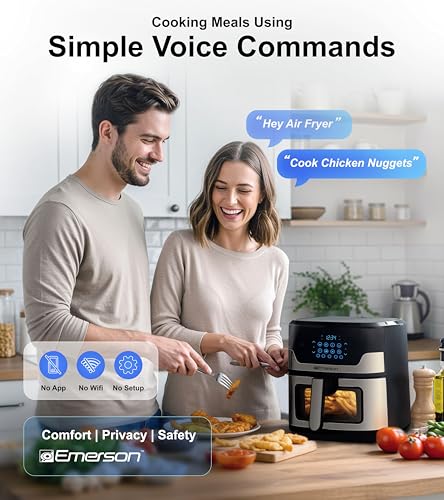 Emerson SmartVoice 5.3QT Air Fryer, 1000+ Voice Commands, 6-in-1 Digital Cooker, Compact Countertop Design, Oil-Free Healthy Cooking, Easy-Clean Nonstick Basket, 1500W