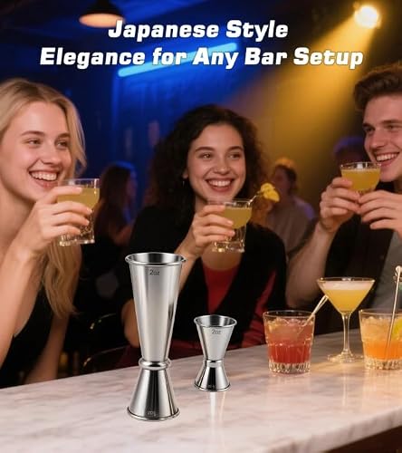 2-Pack Stainless Steel Cocktail Jiggers – Japanese Style Double Measuring Cups for Bartending (1oz/2oz + 0.5oz/1oz)