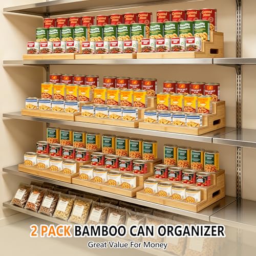 Aclema 2 Pack Bamboo Expandable Can Rack Organizer for Pantry, Stackable 3 Tier Canned Food Organizers and Storage, Kitchen Cabinet, Food Can Holders Dispensers for Pantry Up To 48 Cans