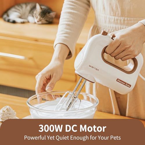 warran 300W Compact Lightweight Electric Hand Mixer, with Powerful Quiet DC Motor for Baking, Cake, Brownies, Cookie Dough, Ideal for Home Kitchen (White)