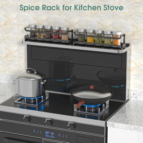 LUCYCAZ 2 Pack Wall Mounted Spice Rack with 8 Hooks, Spice Organizer Shelf for Stove Cabinet Pantry Door,Screw or Adhesive Spice Shelf Hanging Wall Spice Rack in Kitchen and RV (Black, 2 PACK)