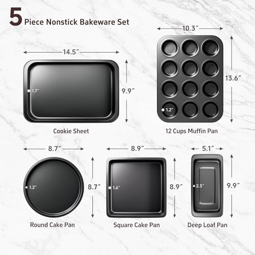 CasaCulina Baking Pans Set, 5-Piece Nonstick Bakeware Sets with Round/Square Cake Pan, Muffin Loaf Roast Pan, Baking Sheets for Oven, Kitchen Cookware Sets Baking Tray Baking Supplies, Black