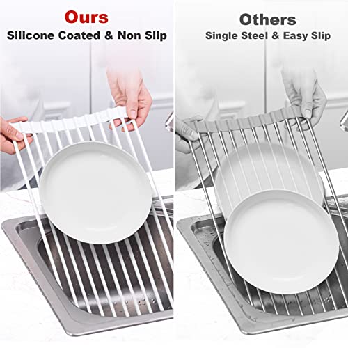 MERRYBOX Roll Up Dish Drying Rack Silicone Wrapped Over The Sink Dish Rack Foldable Dish Drainer Anti-Slip Dish Racks for Kitchen Counter, Multipurpose Kitchen Sink Drying Rack, 20.5" x 13", White