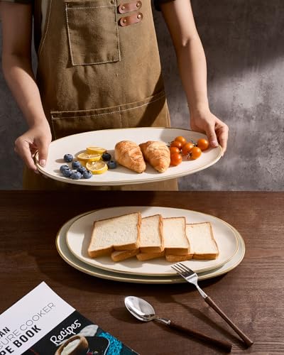 famiware Serving Platter, Oval 15.59/14.3/12.9inch Serving Dishes for Entertaining, Serving Bowls, Microwave Safe, Stoneware Serving Trays for Party, Food, Turkey, Cheese, Ocean Series, Vanilla White