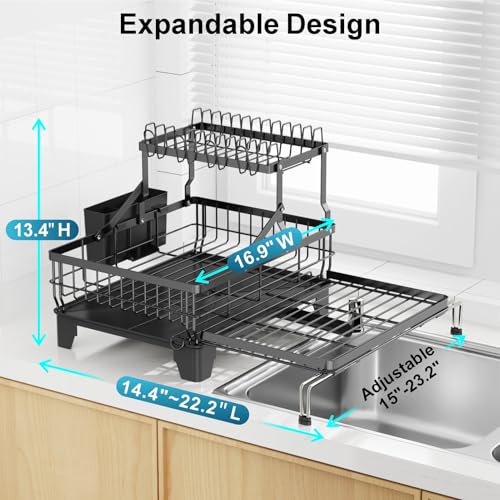 GSlife Large 2 Tier Dish Drying Rack - Expandable Over Sink & Counter Use