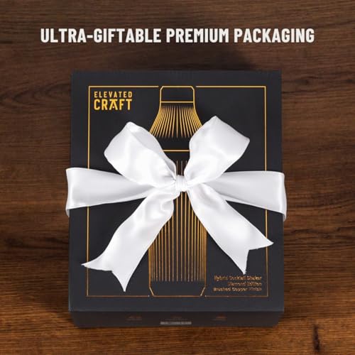 Elevated Craft Diamond Edition Hybrid Cocktail Shaker Set - Premium Vacuum Insulated Brushed Copper, 28 oz, Includes Built-in Strainer, Precise Measuring Top & XL Polishing Cloth - Martini Shaker