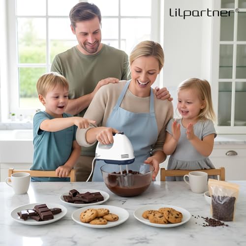 LILPARTNER Hand Mixer Electric, Ultra Power Kitchen Hand Mixer With 7-Speed & 5 Stainless Steel Accessories for Whipping Dough, Cream, Cake, Dishwasher Safe, Light White
