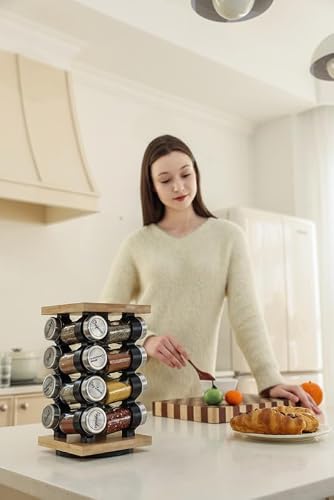 Orii 16 Jar Rotating Bamboo Spice Rack with Spices Included & 5-Year Spice Refill Program – Compact Countertop Spice Rack with Glass Jars