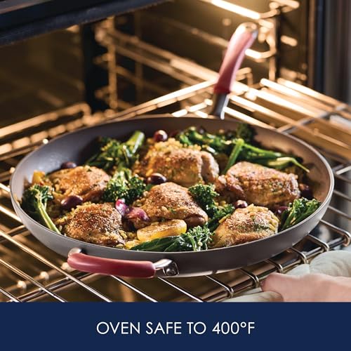 Rachael Ray Cucina Hard-Anodized Nonstick Frying Pan, Gray with Cranberry Red Handles, 14 Inch Pan