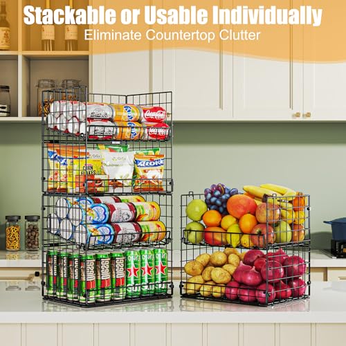 JKsmart 6-Tier Stackable Wire Basket, Can Organizer for Pantry Kitchen, XXL Metal Storage Shelves with Dividers & Handles, Easy Assembly Space Saving Storage Bins for Snacks Fruits Veggies